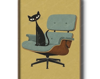 Mid Century Modern, Eames Chair-tryck, Retro väggkonst med svart katt, Stilinredning