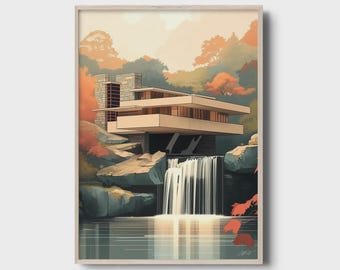 Modernistiskt vattenfallshustryck, mitten av århundradet modern arkitekturposter, arkitektonisk väggkonst, modern heminredning