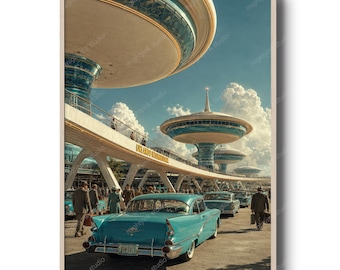 Retro optimistisk futuristisk flygplatstryck, atomålderns rymdhamnväggkonst, science fiction-arkitekturposter från 1950-talet