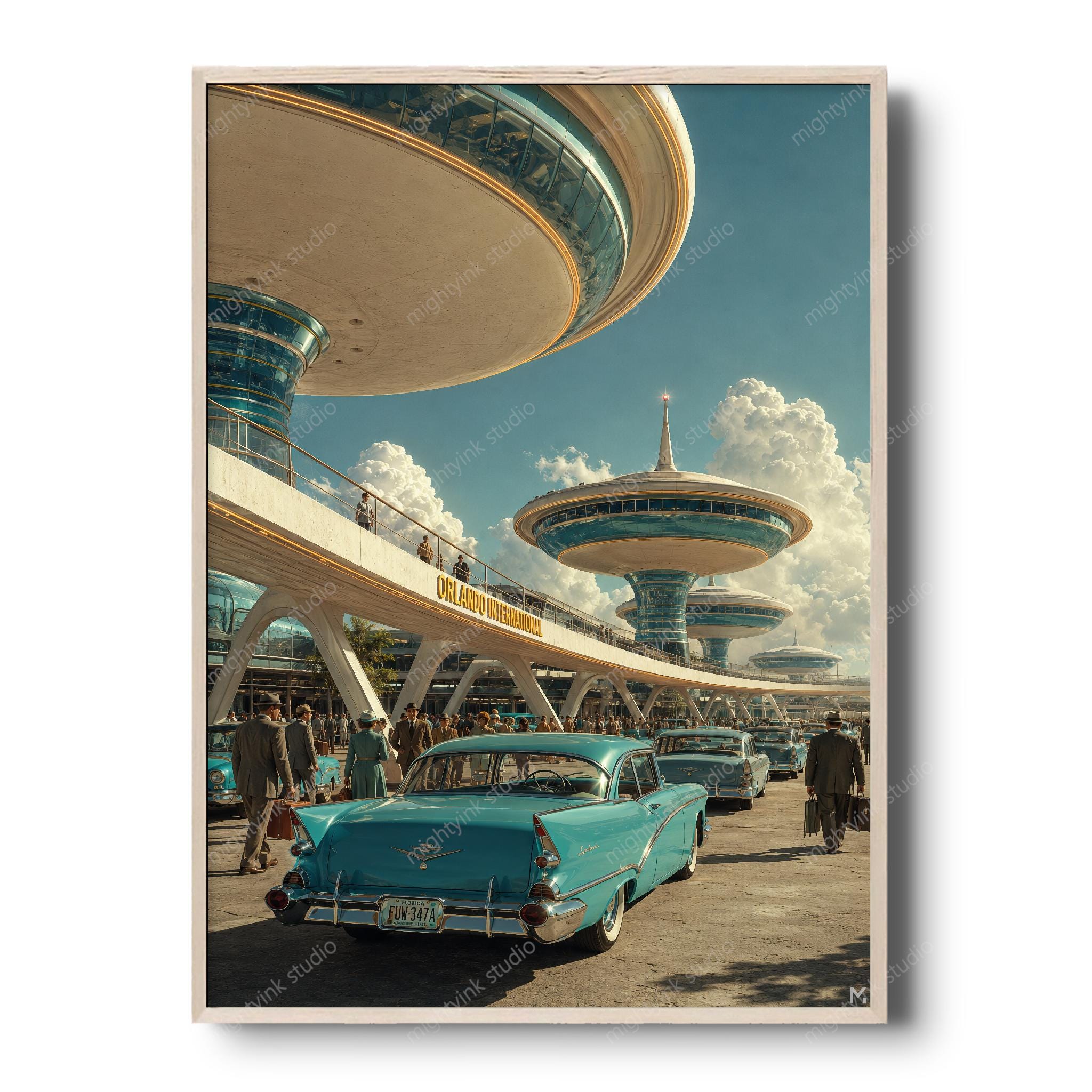 Retro Optimistic Futurist Airport Print, Atomic Age Spaceport Wall