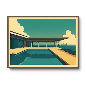 Könnte beinhalten: Ein gerahmter Kunstdruck zeigt ein modernes Haus aus der Mitte des Jahrhunderts mit einem Pool, mit Blick auf das Meer und eine entfernte Stadtlandschaft. Das Kunstwerk hat einen minimalistischen Stil mit einer Farbpalette aus Türkis, Beige und Braun.