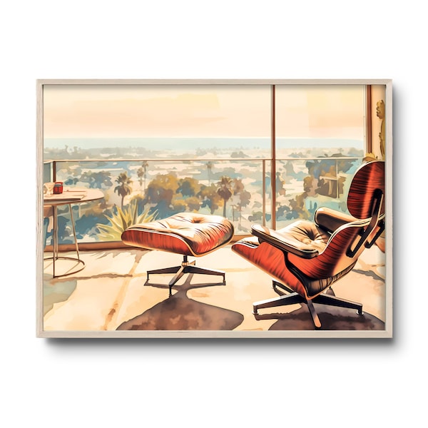 Mid-Century wall art | Mid-Century Modern Architecture | Eames lounge chair | Mid-century California print | Modernist interior architecture