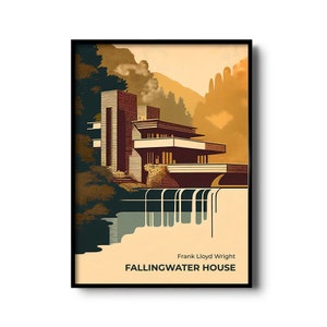 Fallingwater house art print | Mid-century Modern wall art | Vintage modern architecture | Minimalist illustration print | Modern Poster