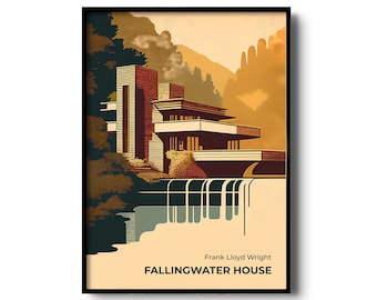 Fallingwater Haus Kunstdruck | Mid-Century Modern Wandkunst | Vintage moderne Architektur | Minimalistischer Illustrationsdruck | Modernes Poster