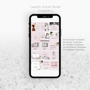 May include: A phone screen displaying a collection of social media templates for a course launch. The templates feature a pink and white color scheme with text that includes "Course Name", "Bonus Title", and "Cart Open". The text "44 Facebook Templates", "44 Square Templates", "44 LinkedIn Templates", "44 Story/Reels Templates", and "44 Instagram Templates" is also visible.