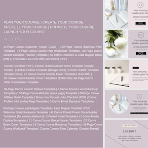 May include: A pink and white floral design Canva template with the text "PLAN YOUR COURSE | CREATE YOUR COURSE PRE-SELL YOUR COURSE | PROMOTE YOUR COURSE LAUNCH YOUR COURSE INCLUDES" and a list of course creation templates.
