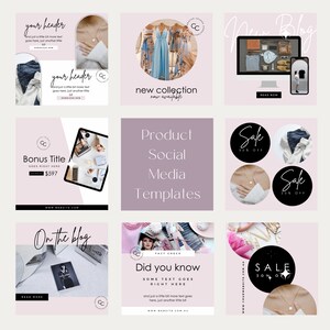 May include: A collection of nine social media templates for promoting a new clothing collection, a sale, and a blog post. The templates feature a pink background with black and white text and graphics. The templates include images of clothing, jewelry, and a laptop.