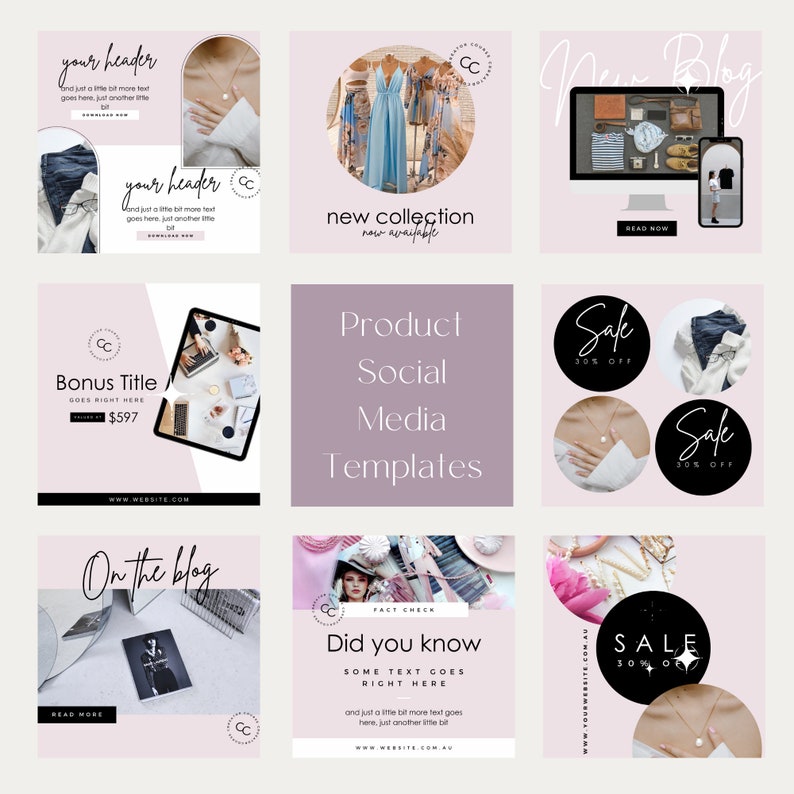 May include: A collection of nine social media templates for promoting a new clothing collection, a sale, and a blog post. The templates feature a pink background with black and white text and graphics. The templates include images of clothing, jewelry, and a laptop.