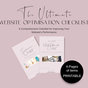 Op de afbeelding: Een printbare checklist voor website-optimalisatie. De checklist heeft de titel "The Ultimate Website Optimization Checklist" en is een uitgebreide gids voor het verbeteren van de website-prestaties. De checklist is 4 pagina's lang en bevat een verscheidenheid aan tips en strategieën.