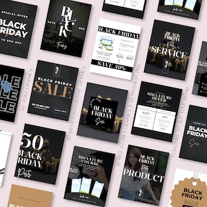Puede incluir: Una colección de 50 gráficos de redes sociales negros y dorados para las ventas del Black Friday. Los gráficos presentan texto como "Black Friday Sale", "Hasta un 80% de descuento", "Comprar ahora" y "Curso de firma".
