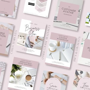 May include: A collection of printable digital downloads for business owners. The downloads include templates for a business plan, customer avatar workbook, course workbook, lead magnet, and checklists. The documents are designed in a pink and white color scheme.