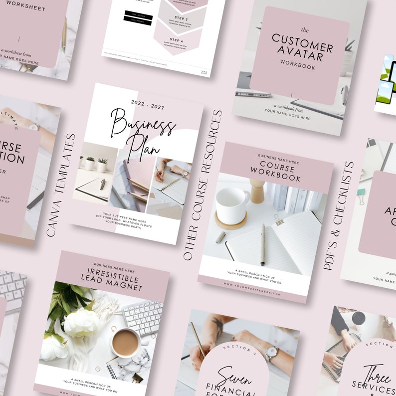 May include: A collection of printable digital downloads for business owners. The downloads include templates for a business plan, customer avatar workbook, course workbook, lead magnet, and checklists. The documents are designed in a pink and white color scheme.