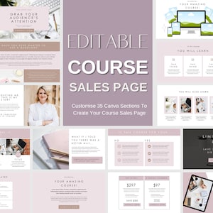 May include: Editable course sales page template with pink and brown color scheme. The template includes sections for introducing the course, outlining the benefits, and providing pricing options. The text "Editable Course Sales Page" is displayed in large, bold letters.