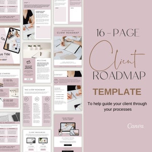 Könnte beinhalten: Eine 16-seitige Client-Roadmap-Vorlage in einem sanften Rosa- und Weiß-Farbschema. Das Design umfasst verschiedene Abschnitte mit Text und Bildern, wie z. B. eine Willkommensseite, eine 3-Stufen-Roadmap und Kundenressourcen. Die Vorlage soll Kunden durch Prozesse führen.