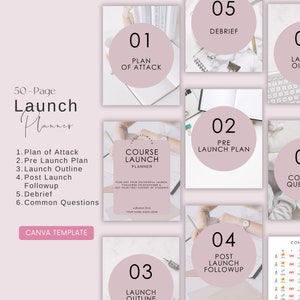 May include: A pink and white graphic with the text "50-Page Launch Planner" and a list of six steps for launching a course: Plan of Attack, Pre Launch Plan, Launch Outline, Post Launch Followup, Debrief, and Common Questions. The graphic is divided into six squares, each with a number from 1 to 6 and a brief description of the corresponding step. The graphic is designed to be used as a Canva template.