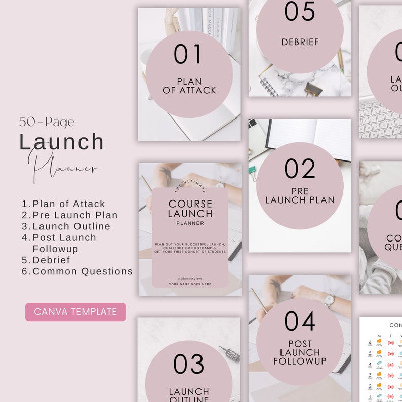 May include: A pink and white graphic with the text "50-Page Launch Planner" and a list of six steps for launching a course: Plan of Attack, Pre Launch Plan, Launch Outline, Post Launch Followup, Debrief, and Common Questions. The graphic is divided into six squares, each with a number from 1 to 6 and a brief description of the corresponding step. The graphic is designed to be used as a Canva template.