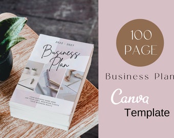 May include: A 100-page business plan template in a Canva format. The cover features a collage of images with a pink, white, and gray color scheme. The text on the cover reads "2022-2027 Business Plan".