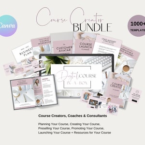 May include: A digital course creator bundle with over 1000 templates. The bundle includes templates for a business plan, customer avatar, course launch planner, lead magnet checklist, and course creation planner. The templates are in a pink and white colour scheme.