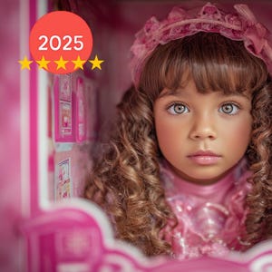 May include: A young girl with curly brown hair and light eyes, wearing a pink dress and a matching headband. She is framed within a pink box, with a red circle displaying the year 2025 and stars. The image has a soft, dreamy aesthetic.