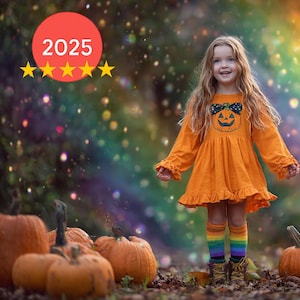 May include: An orange long-sleeved dress with a pumpkin face design, worn by a young girl. She is standing in a field with pumpkins and wearing rainbow socks. The image has a rainbow and bokeh effect in the background.