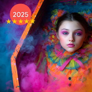 May include: A young person with pink eye shadow and lipstick is surrounded by colorful smoke and candy corn. They are wearing a vibrant, ruffled collar and a black buttoned top. The image has a surreal, artistic quality.