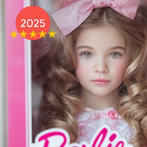 May include: A young girl with long, wavy blonde hair and green eyes, wearing a pink dress and a large pink bow. The image is inside a pink box with the Barbie logo. The box also contains pink accessories.
