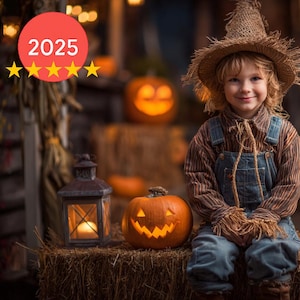 May include: A child dressed as a scarecrow, wearing a straw hat and overalls, sits on a hay bale next to a carved pumpkin. A lantern and other pumpkins are in the background, creating a Halloween theme.