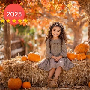 May include: A young girl sits on a hay bale surrounded by pumpkins under a tree with autumn foliage. The image has a warm, inviting feel, with the text "2025" and star ratings in the upper left corner. The word "original" is in the lower right corner.