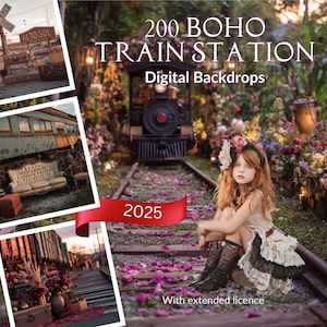 200 Vintage Train Station AI Digital Backdrops, Boho Train Tracks, Locomotive, Rustic Backdrop, TikTok, Instagram, Couture Photo Session