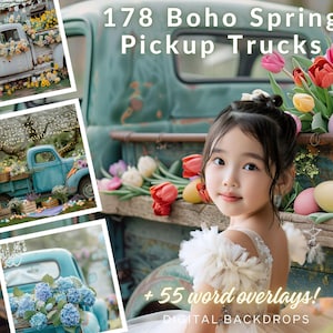 178 Pretty Boho Easter Truck CG Backdrops, Spring Background, Easter Rabbit, Pickup Trucks, Digital Download, Maternity, Spring Backdrop