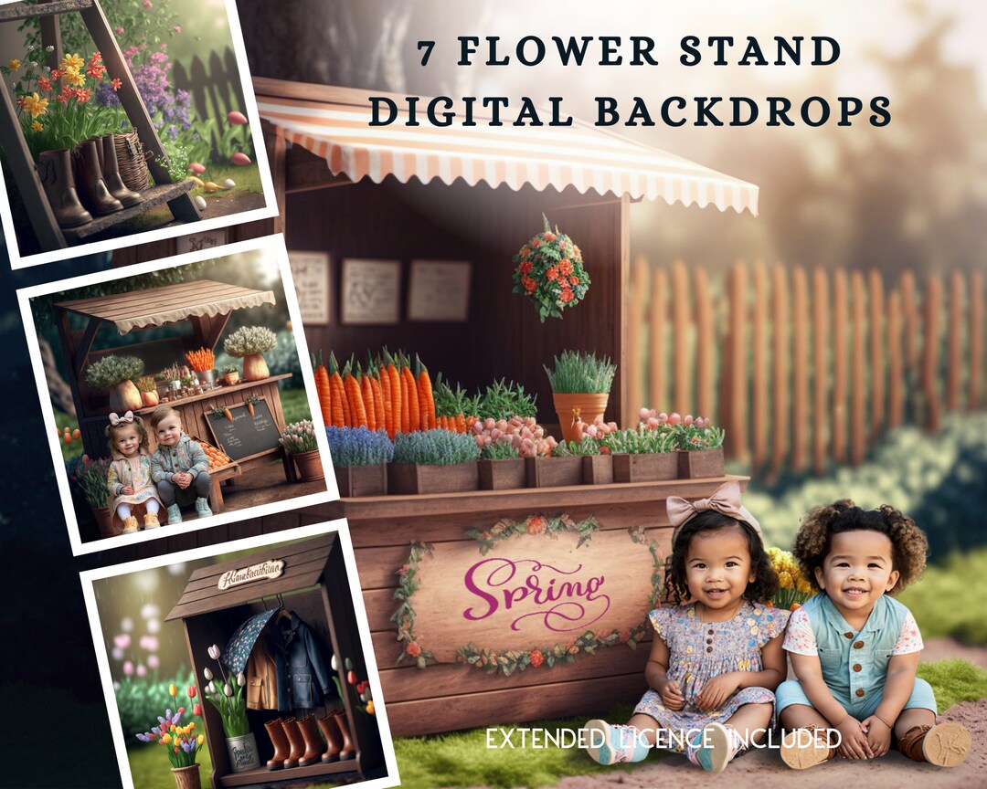7 Spring Flower Stands Digital CG Backdrops, Easter Carrot Backgrounds ...