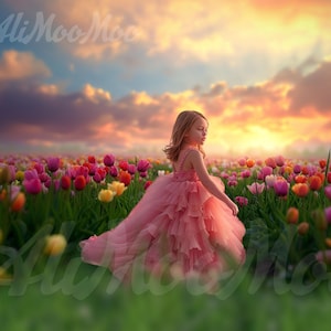 A Dreamy Field of Tulips at Sunset CG Backdrop, Easter Background, Spring Tulips, Spring Garden, TikTok, Instagram, Pet and Child, Canva
