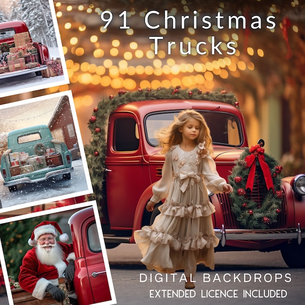 91 Christmas Truck CG Digital Backdrops, Vintage Pickup Truck, Santa's Truck, Tailgate, Christmas Presents, Digital Greeting Card, Instagram