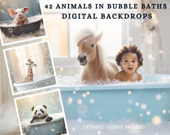 Fondos digitales de 42 crías de animales en el baño, fondos CG, fondo de elefante, composición, megapaquete de animales, descarga digital, guardería