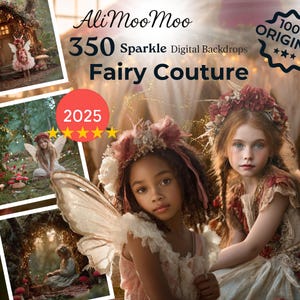 May include: Digital backdrop image featuring two young girls in fairy costumes with flower crowns and wings. The image includes the text "AliMooMoo 350 Sparkle Digital Backdrops Fairy Couture" and a "100% Original" badge.