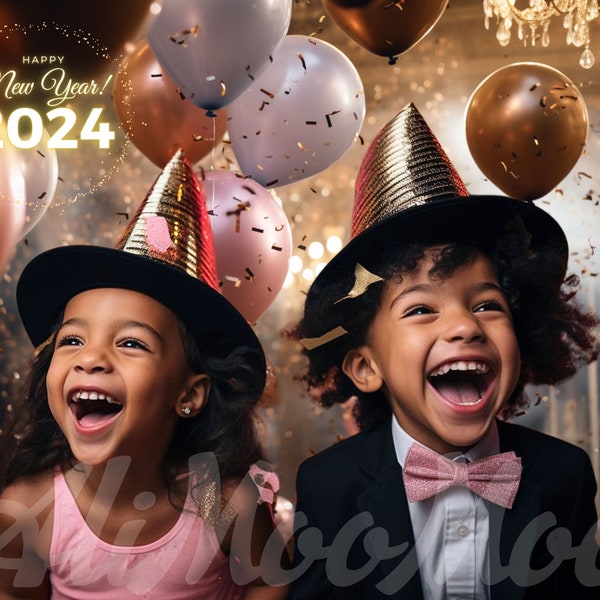 New Year's Eve Party digital backdrop, new Year 2024 background, Ballroom with Balloons, New Year overlay PNG 2024, Big City, Composite, pic