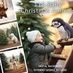 118 Baby Baby Christmas Animal CG Digital Backdrops, Reindeer, Woodland Animals on a Rustic Tree Farm, TikTok, Instagram, Pine Trees, Stock