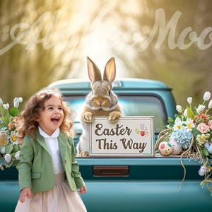 「Easter This Way」の看板を持ったイースターバニーのCG背景、イースターの背景、春のウサギ、ヴィンテージトラック、TikTok、Instagram、合成画像、Canva