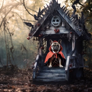 Un fondo digital CG de Halloween y otoño para perros, casa para perros de otoño, tarjeta personalizada para mascotas, tarjeta de Halloween para mascotas, TikTok, Instagram, embrujada, stock