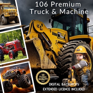 106 arrière-plans numériques CG inspirés des camions et des machines lourdes, tracteurs, camions monstres, grues, chantiers de construction, décharges, chargeurs, Mega Pack