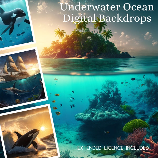 46 Underwater Ocean Mermaid Digital CG Backdrops, Ocean Backgrounds, Dolphin, Orca, Coral, Mega Bundle, Digital Download, Pirate, Commercial