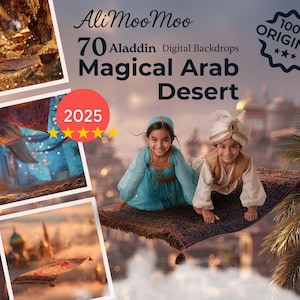 May include: Digital backdrop set titled "Magical Arab Desert" featuring two children on a flying carpet. The image includes text that reads "Ali Moo Moo", "70 Aladdin Digital Backdrops", and "100% ORIGINAL". A red circle with the number "2025" and stars is also present.