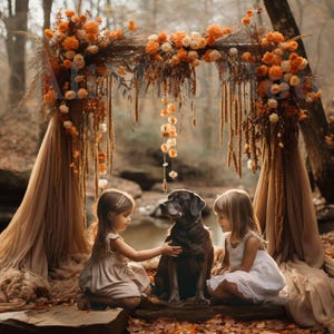 A Boho Autumn Arch Premium Digital Backdrop, Falling Leaves in the Forest, Fall creamy golden arch, Instagram, TikTok, Fall October, stock