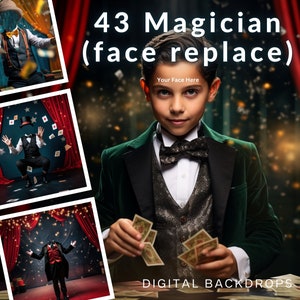 43 Décors numériques CG inspirés du magicien, Cartes flottantes, Remplacement du visage, Numériques, Mega Bundle, Scrapbook, Photos, Décors de spectacle magique