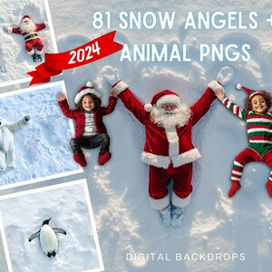81 fondos digitales de ángeles de nieve: Papá Noel, osos polares, pingüinos, renos. Creación de ángeles + PNG para escenas de invierno personalizadas: ¡festivas y divertidas!
