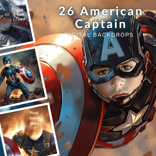 26 American Captain Super Hero Inspired CG Digital Backdrops, Child Backdrop, Face Replace, Digitals, Mega Bundle, Scrapbook, Photos, Comics