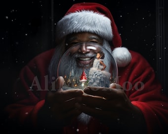 A Black Santa and Snow Globe CG Digital Backdrop, Christmas stock, Traditional Santa, Santa Backdrop, Snow Globe Digital, Instagram, TikTok