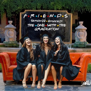 Fondo de graduación de Friends Orange Couch 2025, fondo AI, fondo para fotos de último año, fondo universitario de secundaria, TikTok, Instagram, Canva