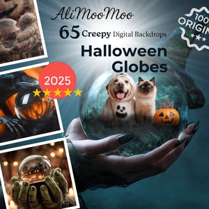 May include: A digital backdrop image featuring a witch's hand holding a crystal ball with a Halloween theme. The crystal ball contains a dog and cat dressed in Halloween costumes, and a carved pumpkin. The image also includes the text "Halloween Globes".