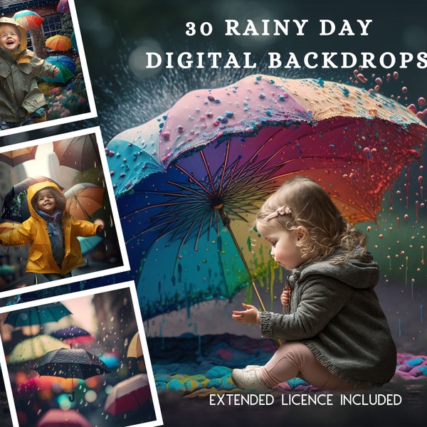 30 Rainy Day Umbrellas CG Backdrops, Rainbow Backdrops, Rainy Day City and Country, Mega Bundle, Digital Download, Enchanted, Springtime